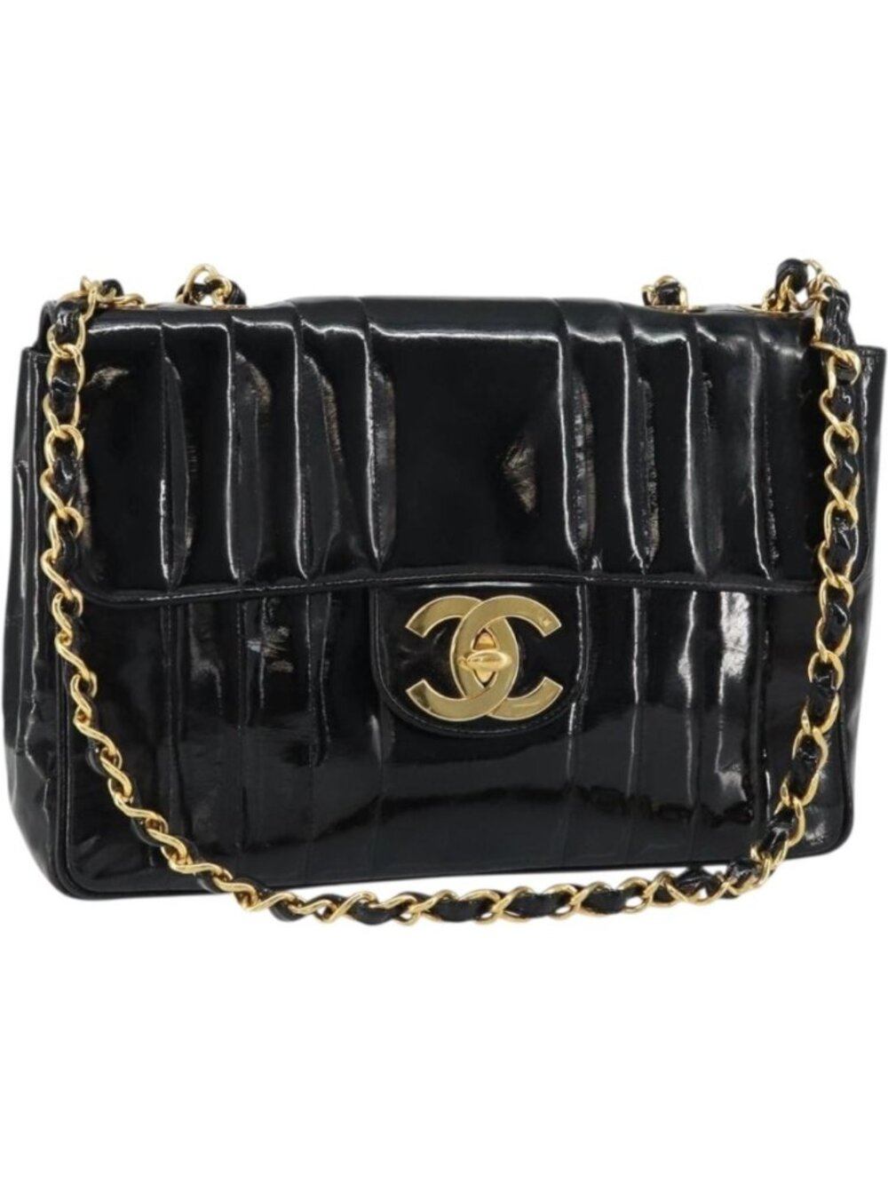 CHANEL Matelasse 30 Chain Shoulder Bag Enamel Black Gold CC